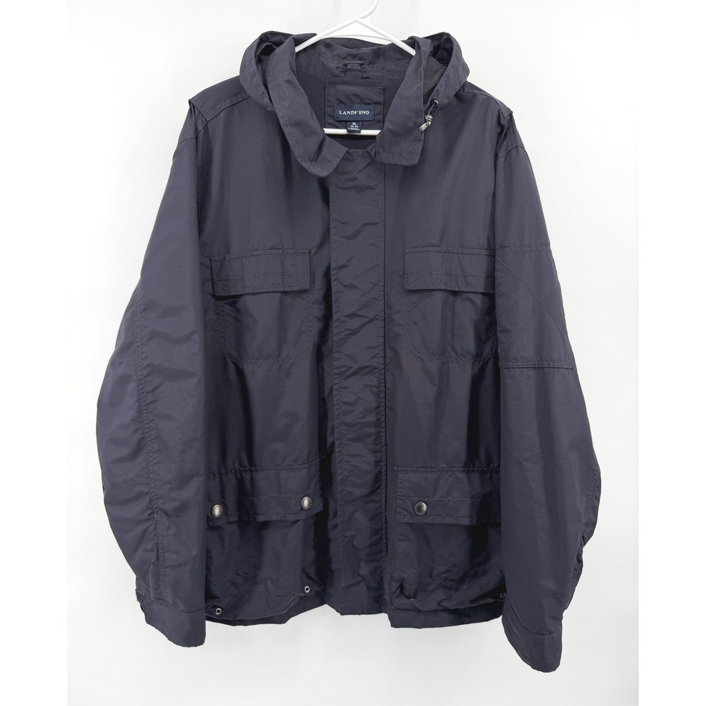 Lands End Stormaker Jacket Navy Blue Nylon Hood Parka Utility Coat Gorp Men XL